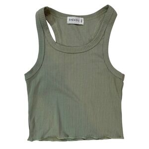 SHEKOU Ribbed Tank Top Small Sage Green Crop Racerback Cotton Stretch